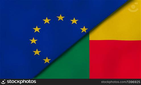 Two states flags of European Union and Benin. High quality business background. 3d illustration. The flags of European Union and Benin. News, reportage, business background. 3d illustration