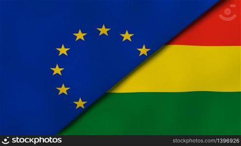 Two states flags of European Union and Bolivia. High quality business background. 3d illustration. The flags of European Union and Bolivia. News, reportage, business background. 3d illustration