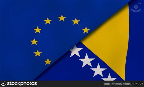 Two states flags of European Union and Bosnia and Herzegovina. High quality business background. 3d illustration. The flags of European Union and Bosnia and Herzegovina. News, reportage, business background. 3d illustration