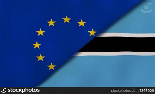 Two states flags of European Union and Botswana. High quality business background. 3d illustration. The flags of European Union and Botswana. News, reportage, business background. 3d illustration