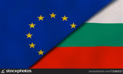 Two states flags of European Union and Bulgaria. High quality business background. 3d illustration. The flags of European Union and Bulgaria. News, reportage, business background. 3d illustration