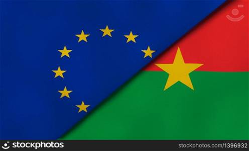 Two states flags of European Union and Burkina Faso. High quality business background. 3d illustration. The flags of European Union and Burkina Faso. News, reportage, business background. 3d illustration