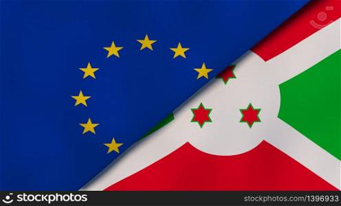 Two states flags of European Union and Burundi. High quality business background. 3d illustration. The flags of European Union and Burundi. News, reportage, business background. 3d illustration