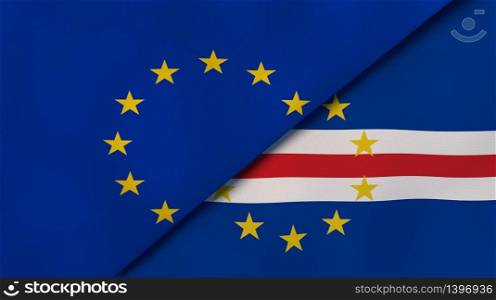 Two states flags of European Union and Cape Verde. High quality business background. 3d illustration. The flags of European Union and Cape Verde. News, reportage, business background. 3d illustration