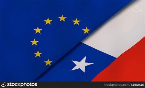 Two states flags of European Union and Chile. High quality business background. 3d illustration. The flags of European Union and Chile. News, reportage, business background. 3d illustration