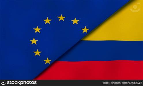 Two states flags of European Union and Colombia. High quality business background. 3d illustration. The flags of European Union and Colombia. News, reportage, business background. 3d illustration