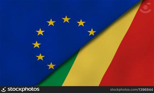 Two states flags of European Union and Congo. High quality business background. 3d illustration. The flags of European Union and Congo. News, reportage, business background. 3d illustration