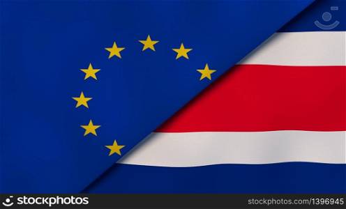 Two states flags of European Union and Costa Rica. High quality business background. 3d illustration. The flags of European Union and Costa Rica. News, reportage, business background. 3d illustration