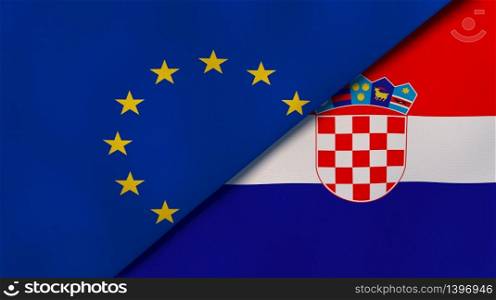 Two states flags of European Union and Croatia. High quality business background. 3d illustration. The flags of European Union and Croatia. News, reportage, business background. 3d illustration