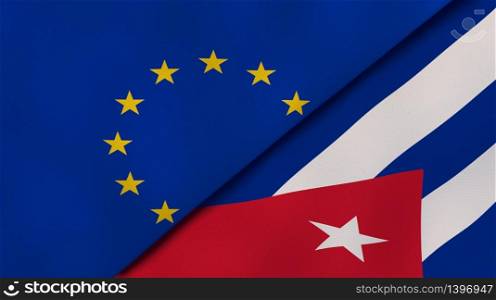 Two states flags of European Union and Cuba. High quality business background. 3d illustration. The flags of European Union and Cuba. News, reportage, business background. 3d illustration