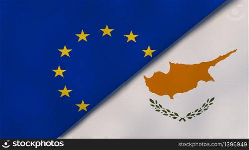 Two states flags of European Union and Cyprus. High quality business background. 3d illustration. The flags of European Union and Cyprus. News, reportage, business background. 3d illustration