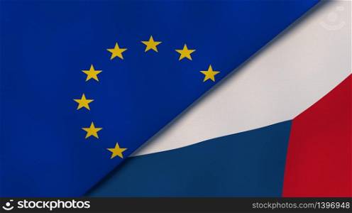 Two states flags of European Union and Czech Republic. High quality business background. 3d illustration. The flags of European Union and Czech Republic. News, reportage, business background. 3d illustration