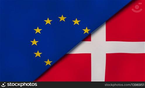 Two states flags of European Union and Denmark. High quality business background. 3d illustration. The flags of European Union and Denmark. News, reportage, business background. 3d illustration