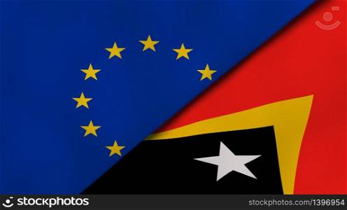 Two states flags of European Union and East Timor. High quality business background. 3d illustration. The flags of European Union and East Timor. News, reportage, business background. 3d illustration