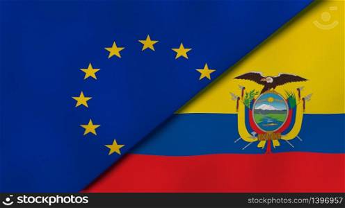 Two states flags of European Union and Ecuador. High quality business background. 3d illustration. The flags of European Union and Ecuador. News, reportage, business background. 3d illustration