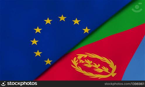 Two states flags of European Union and Eritrea. High quality business background. 3d illustration. The flags of European Union and Eritrea. News, reportage, business background. 3d illustration
