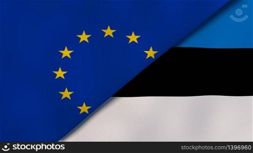 Two states flags of European Union and Estonia. High quality business background. 3d illustration. The flags of European Union and Estonia. News, reportage, business background. 3d illustration