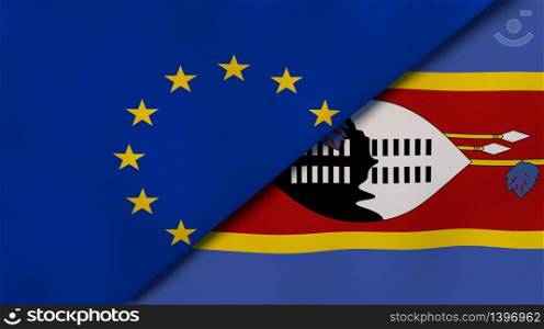 Two states flags of European Union and Eswatini. High quality business background. 3d illustration. The flags of European Union and Eswatini. News, reportage, business background. 3d illustration