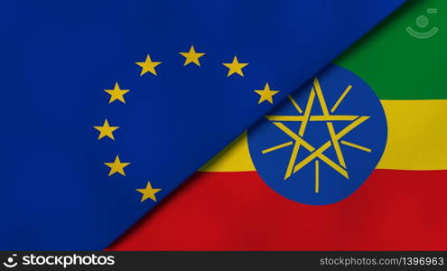 Two states flags of European Union and Ethiopia. High quality business background. 3d illustration. The flags of European Union and Ethiopia. News, reportage, business background. 3d illustration