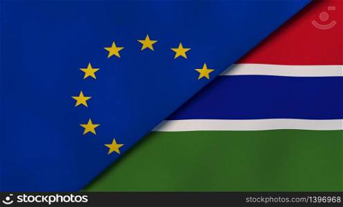 Two states flags of European Union and Gambia. High quality business background. 3d illustration. The flags of European Union and Gambia. News, reportage, business background. 3d illustration