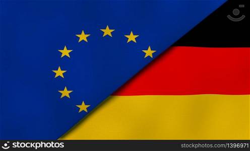 Two states flags of European Union and Germany. High quality business background. 3d illustration. The flags of European Union and Germany. News, reportage, business background. 3d illustration
