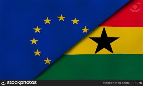 Two states flags of European Union and Ghana. High quality business background. 3d illustration. The flags of European Union and Ghana. News, reportage, business background. 3d illustration