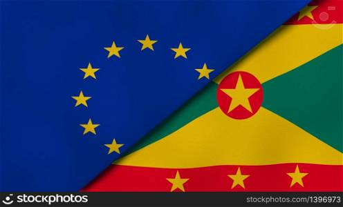 Two states flags of European Union and Grenada. High quality business background. 3d illustration. The flags of European Union and Grenada. News, reportage, business background. 3d illustration