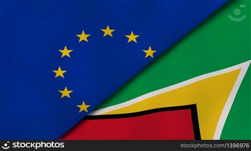 Two states flags of European Union and Guyana. High quality business background. 3d illustration. The flags of European Union and Guyana. News, reportage, business background. 3d illustration