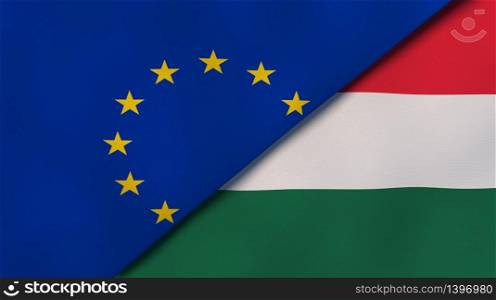 Two states flags of European Union and Hungary. High quality business background. 3d illustration. The flags of European Union and Hungary. News, reportage, business background. 3d illustration