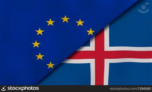 Two states flags of European Union and Iceland. High quality business background. 3d illustration. The flags of European Union and Iceland. News, reportage, business background. 3d illustration