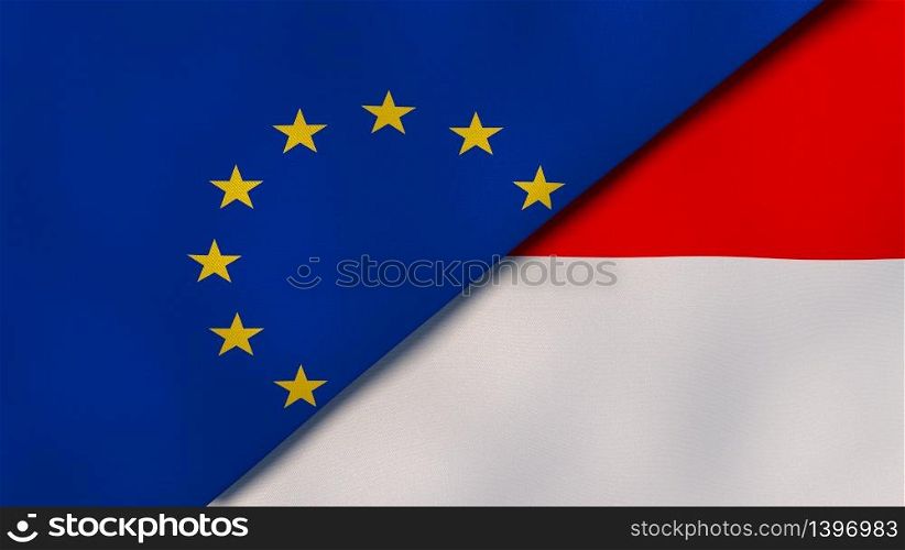 Two states flags of European Union and Indonesia. High quality business background. 3d illustration. The flags of European Union and Indonesia. News, reportage, business background. 3d illustration