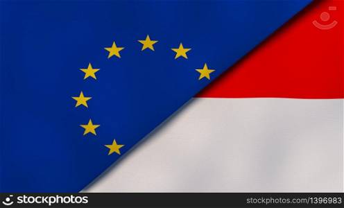 Two states flags of European Union and Indonesia. High quality business background. 3d illustration. The flags of European Union and Indonesia. News, reportage, business background. 3d illustration