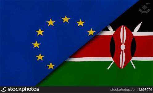 Two states flags of European Union and Kenya. High quality business background. 3d illustration. The flags of European Union and Kenya. News, reportage, business background. 3d illustration