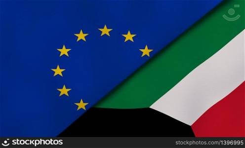 Two states flags of European Union and Kuwait. High quality business background. 3d illustration. The flags of European Union and Kuwait. News, reportage, business background. 3d illustration