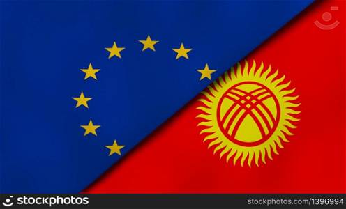 Two states flags of European Union and Kyrgyzstan. High quality business background. 3d illustration. The flags of European Union and Kyrgyzstan. News, reportage, business background. 3d illustration