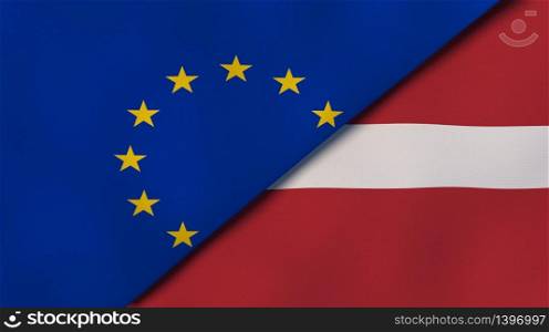 Two states flags of European Union and Latvia. High quality business background. 3d illustration. The flags of European Union and Latvia. News, reportage, business background. 3d illustration