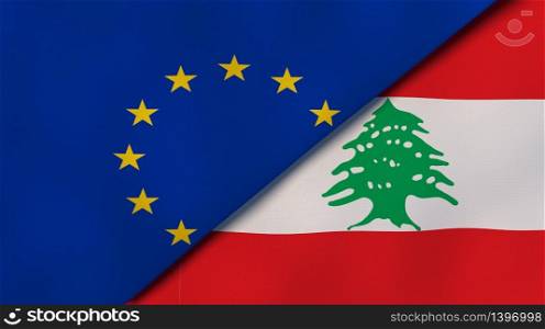 Two states flags of European Union and Lebanon. High quality business background. 3d illustration. The flags of European Union and Lebanon. News, reportage, business background. 3d illustration