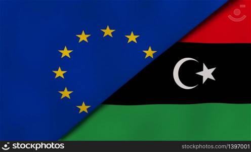 Two states flags of European Union and Libya. High quality business background. 3d illustration. The flags of European Union and Libya. News, reportage, business background. 3d illustration