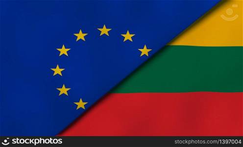 Two states flags of European Union and Lithuania. High quality business background. 3d illustration. The flags of European Union and Lithuania. News, reportage, business background. 3d illustration