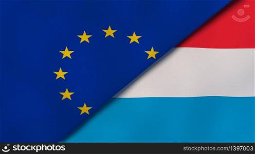 Two states flags of European Union and Luxembourg. High quality business background. 3d illustration. The flags of European Union and Luxembourg. News, reportage, business background. 3d illustration