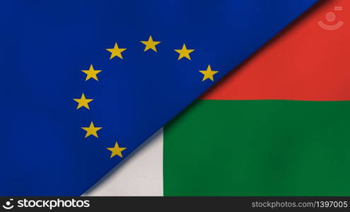 Two states flags of European Union and Madagascar. High quality business background. 3d illustration. The flags of European Union and Madagascar. News, reportage, business background. 3d illustration
