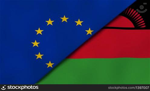 Two states flags of European Union and Malawi. High quality business background. 3d illustration. The flags of European Union and Malawi. News, reportage, business background. 3d illustration