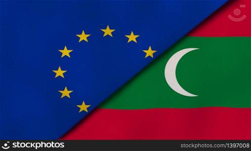 Two states flags of European Union and Maldives. High quality business background. 3d illustration. The flags of European Union and Maldives. News, reportage, business background. 3d illustration