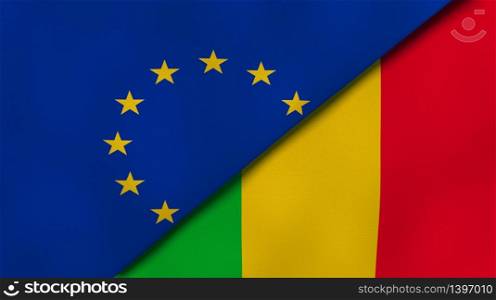 Two states flags of European Union and Mali. High quality business background. 3d illustration. The flags of European Union and Mali. News, reportage, business background. 3d illustration