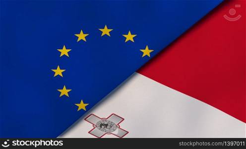 Two states flags of European Union and Malta. High quality business background. 3d illustration. The flags of European Union and Malta. News, reportage, business background. 3d illustration