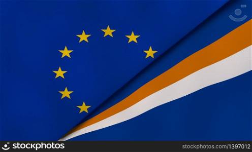 Two states flags of European Union and Marshall Islands. High quality business background. 3d illustration. The flags of European Union and Marshall Islands. News, reportage, business background. 3d illustration