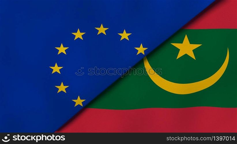 Two states flags of European Union and Mauritania. High quality business background. 3d illustration. The flags of European Union and Mauritania. News, reportage, business background. 3d illustration