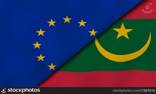 Two states flags of European Union and Mauritania. High quality business background. 3d illustration. The flags of European Union and Mauritania. News, reportage, business background. 3d illustration