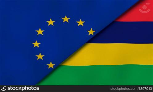 Two states flags of European Union and Mauritius. High quality business background. 3d illustration. The flags of European Union and Mauritius. News, reportage, business background. 3d illustration