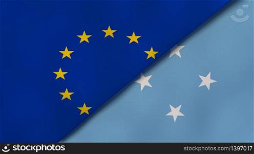 Two states flags of European Union and Micronesia. High quality business background. 3d illustration. The flags of European Union and Micronesia. News, reportage, business background. 3d illustration